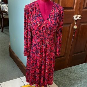 London Times Floral V-Neck Long Sleeve Dress Red Pink Navy  stretch Sz. M NWOT
